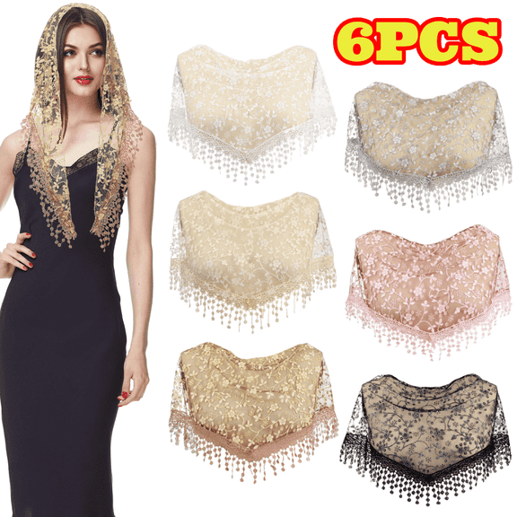 6pcs Veils for Church Catholic Mass Veils for Women, Catholic Lace Triangle Mantilla Chapel Floral Tulle Scarf