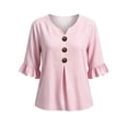 thumbnail image 4 of Hfnxid 3/4 Sleeve T Shirts for Women Loose Fit Striped Ruffle Shirt Button Up V Neck Blouses Dressy Casual Fall Clothes Pink S, 4 of 6