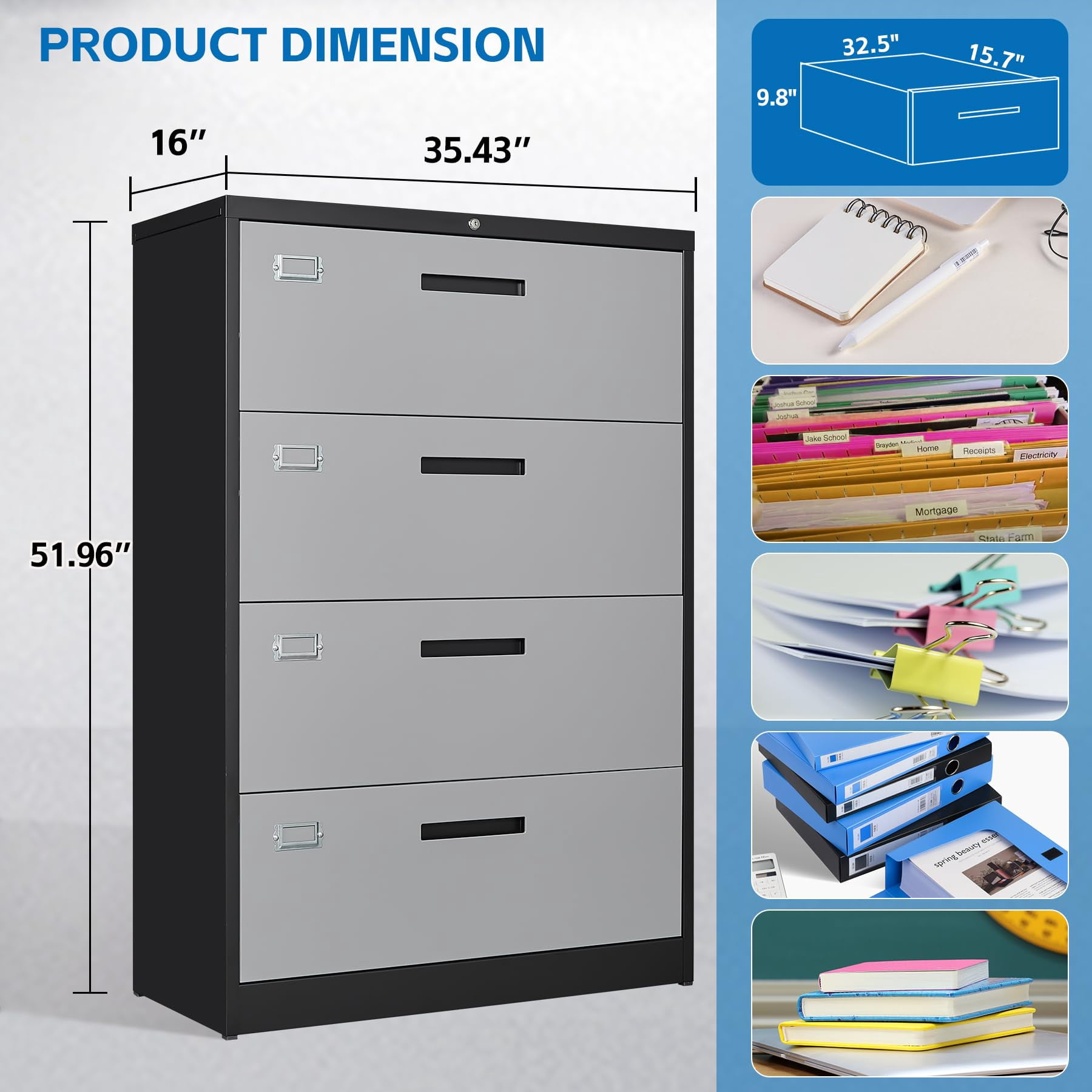 STANI 4 Drawer Lateral File Cabinet Metal Filing Cabinet with Lock Office Home File Storage Cabinet for A4 Legal/Letter Size, Assembly Required