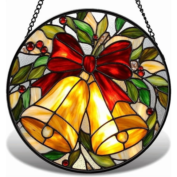 Christmas Stained Glass Window Hanging, Gift Box Window Suncatcher with Golden Bow, Round Wall Art Decor Festival Gift for Women, Mom 007 (6.3IN)