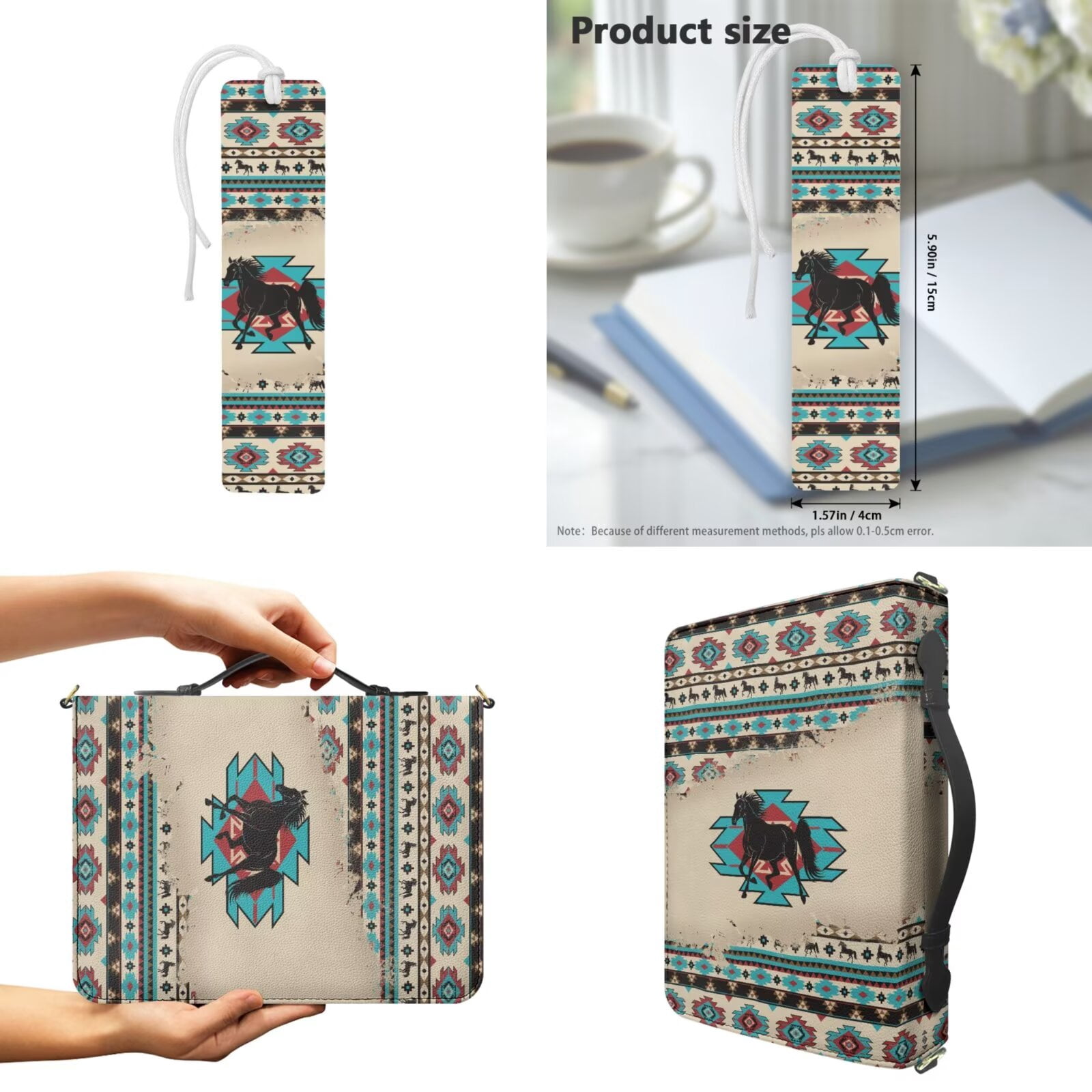 Kuiaobaty Aztec Horse Print Bible Cover for Women Sturdy Carrying Book Case with Bookmark Waterproof Leather Church Bible Protective with Handle and Strap for Church, Beige