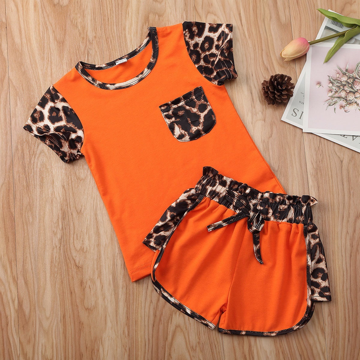 Toddler Girl Clothes Short Sleeve Tops Leopard Pants Baby Boy Outfits Set