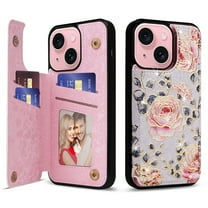 ELEHOLD Wallet Case for iPhone 15 Plus Case Beautiful Flower Floral Pattern with Back Card Holders Magnetic Button RFID Blocking Shockproof Protective Stand Case for iPhone 15 Plus,A