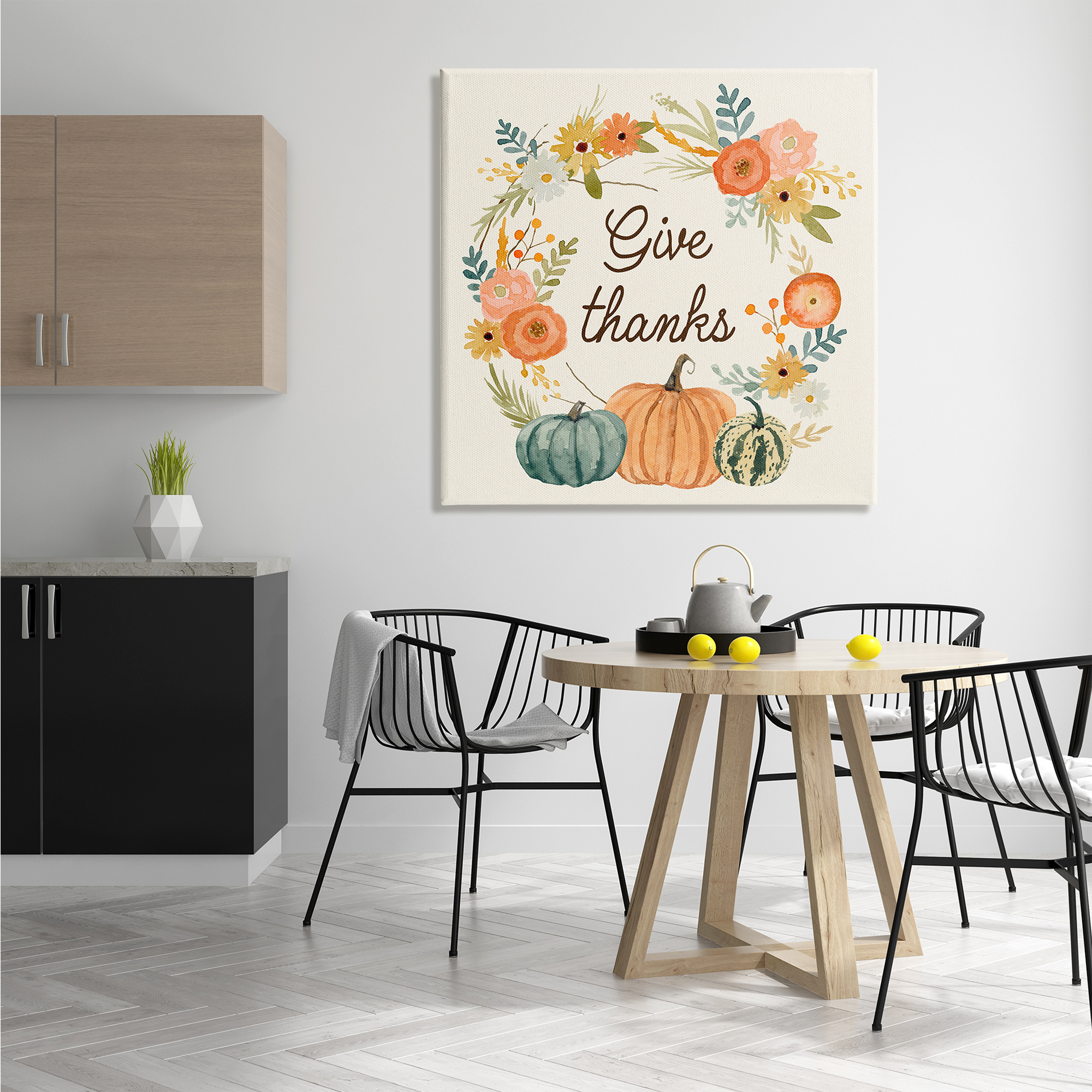 Stupell Industries Give Thanks Sentiments Orange Floral Pumpkin Wreath Inspirational Painting Gallery Wrapped Canvas Print Wall Art, 36 x 36