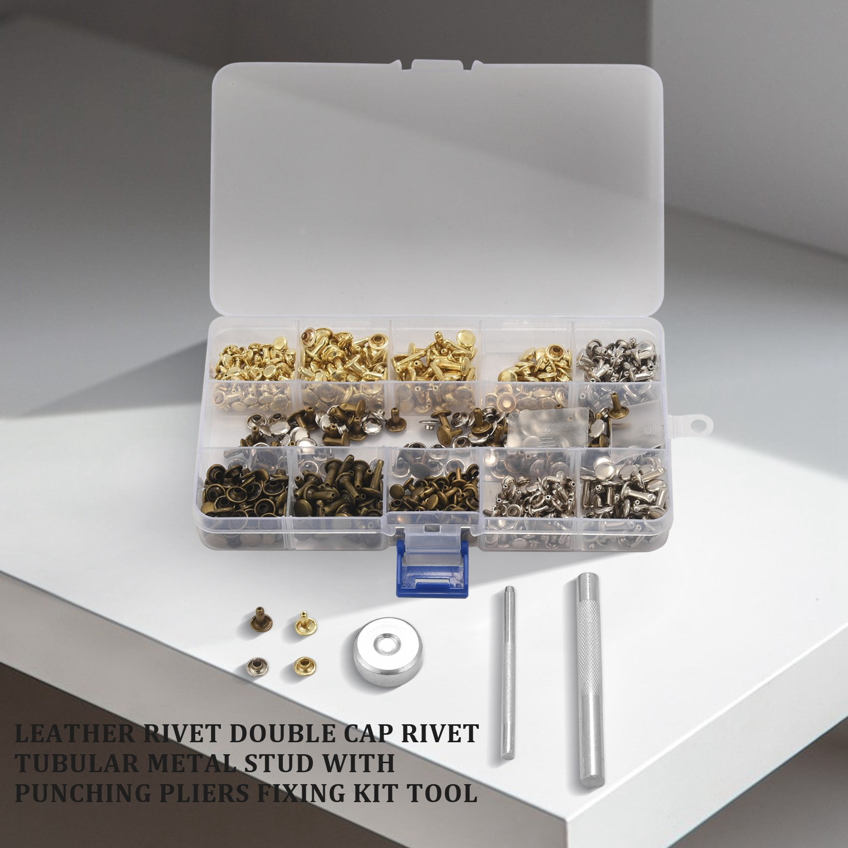 300 Sets Leather Rivets Double Cap Rivet Tubular Metal Studs with Punch