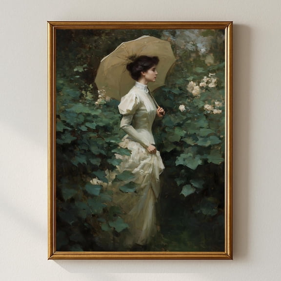 Victorian Lady With Parasol Wall Art, Elegant Woman In White Dress Garden, Romantic Vintage Aesthetic Artwork For Classic Home Home Decor #1019, Unframed Poster Size 8x12