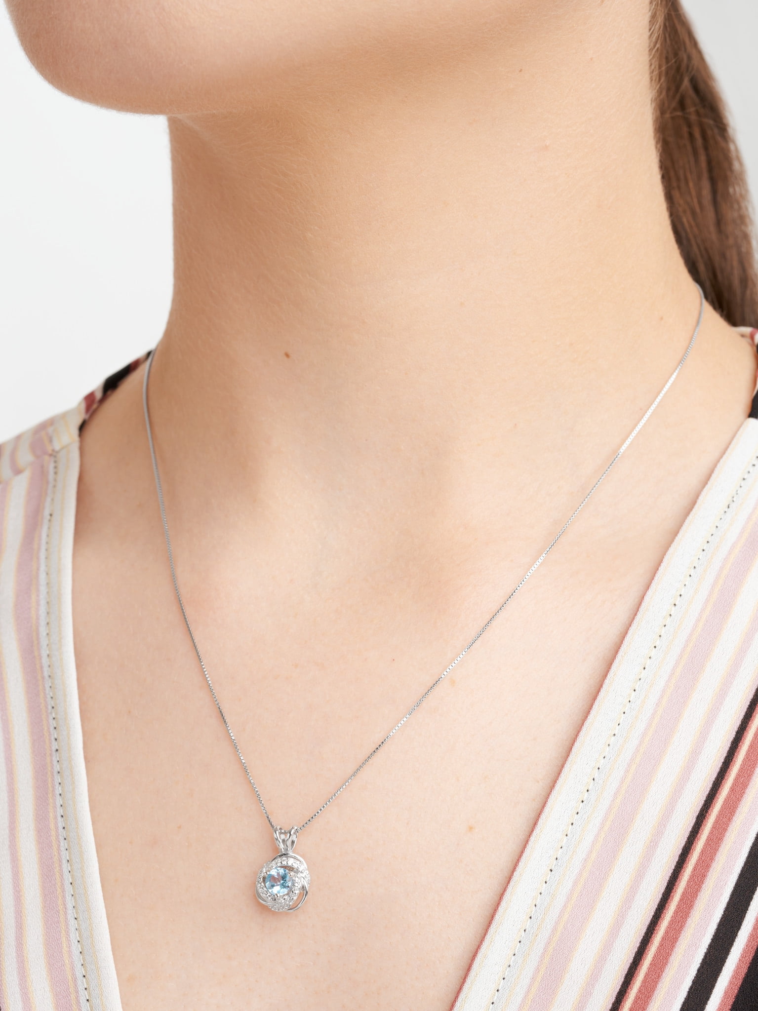 Rhodium Plated Sterling Silver Created Aquamarine March Birthstone Love Knot Pendant Necklace for Women Gift for Her