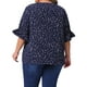 thumbnail image 3 of Blusa de mujer de tallas grandes GRACE & GRANDEUR con volantes en el frente, mangas fruncidas, cuello en V, tops casuales sólidos 2X azul oscuro, 3 of 6