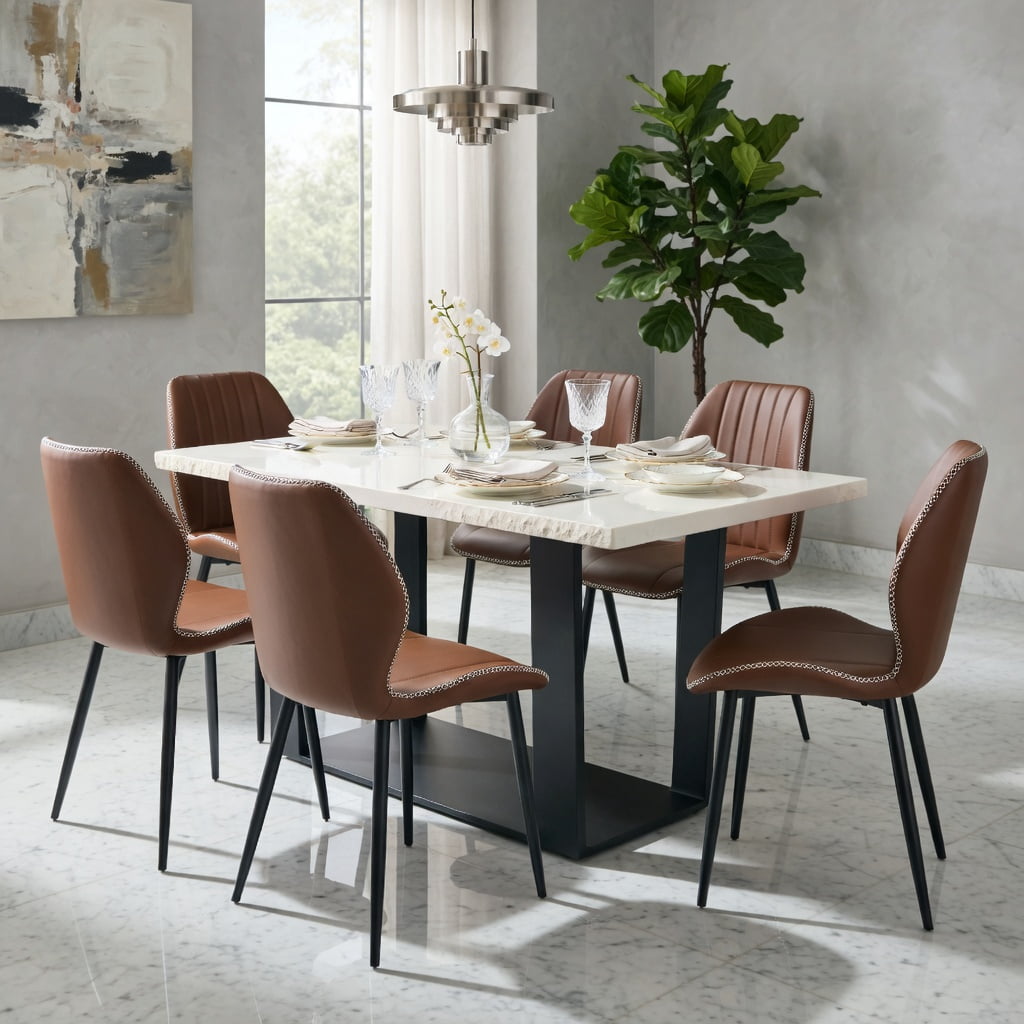 Hommoo 4-Pack PU Leather Dining Chairs with Black Metal Legs, Ergonomic, Adjustable Feet, Stain-Resistant for Dining Room, Office & Living Space, Brown