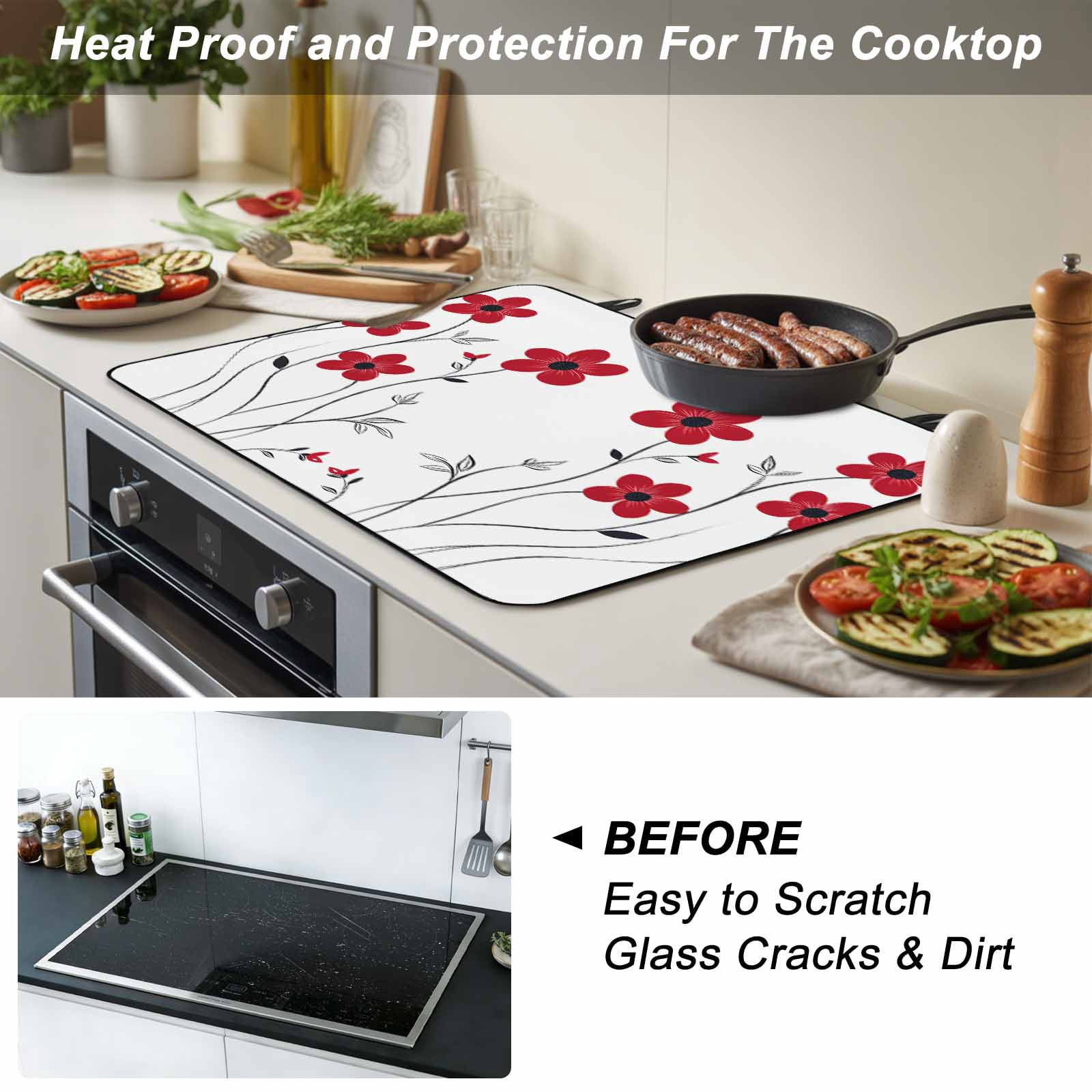 Red Spring Floral Stove Top Cover for Electric Stove, Heat-proof & Non Slip Glass Top Stove Cover Protector, Elegant Summer Botanical Pastoral Kitchen Flat Cooktop Rubber Mat 24x21 Inches