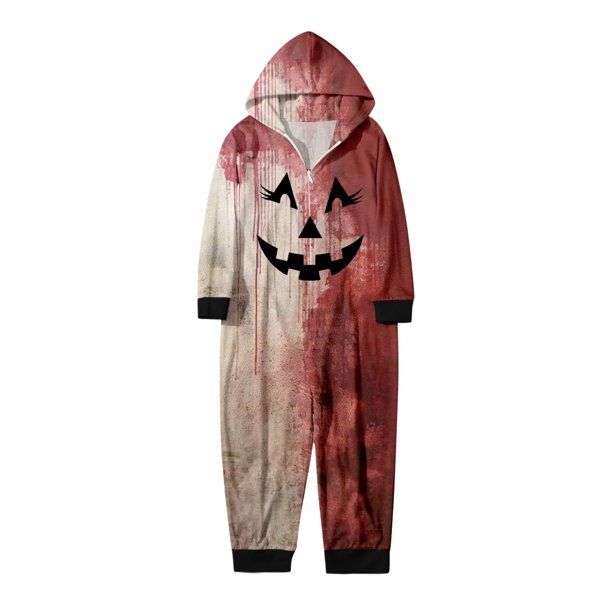 Family Halloween Pjs Matching Sets Halloween Print Long Sleeve Zippered One Piece Pajama Hooded Jumpsuit Winter Halloween Pjs Family Set