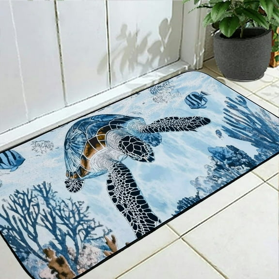 Qinduosi Coastal Beach Kitchen and Door Floor Mat Nautical Decorative Coral Sea Turtle Kitchen Rug Anti Fatigue Mat Non-Slip Comfort Standing Cushioned for Kitchen 19.68*47.24 in
