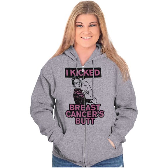 I Kicked Breast Cancers Butt BCA Womens Plus Size Graphic Zipper Hoodie Brisco Brands 2X