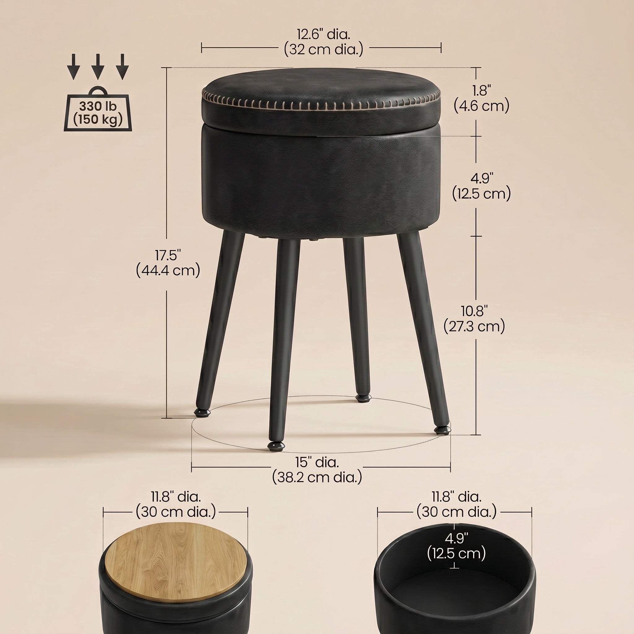 Nordic Hygge Round Storage Vanity Stool, Ink Black on Ink Black