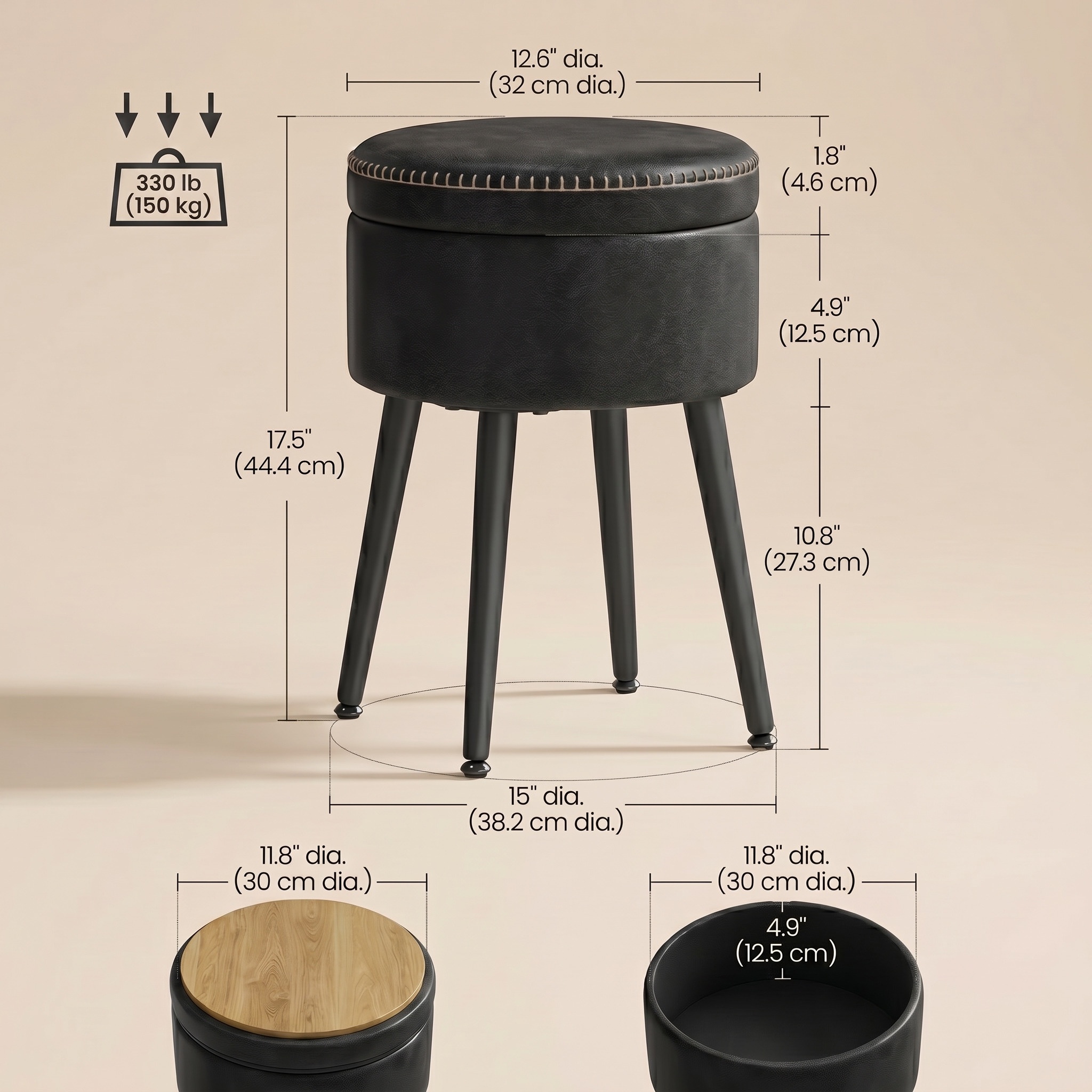 Nordic Hygge Round Storage Vanity Stool, Black photo 2