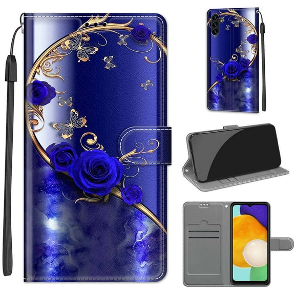 Flip Wallet Case for Samsung Galaxy A13 5G, with Kickstand Credit Card Holder Slot Cute Pattern Magnetic Clasp Premium PU Leather Protective Case with Wrist Strap - Blue Rose + Golden Butterfly