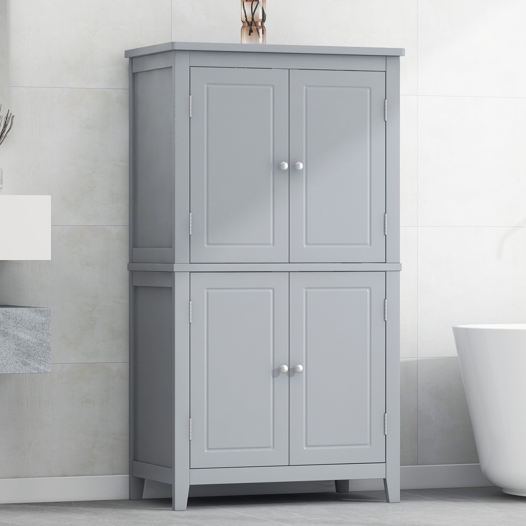 Grey MDF Bathroom Floor Storage Cabinet with 4 Doors and Adjustable Shelves