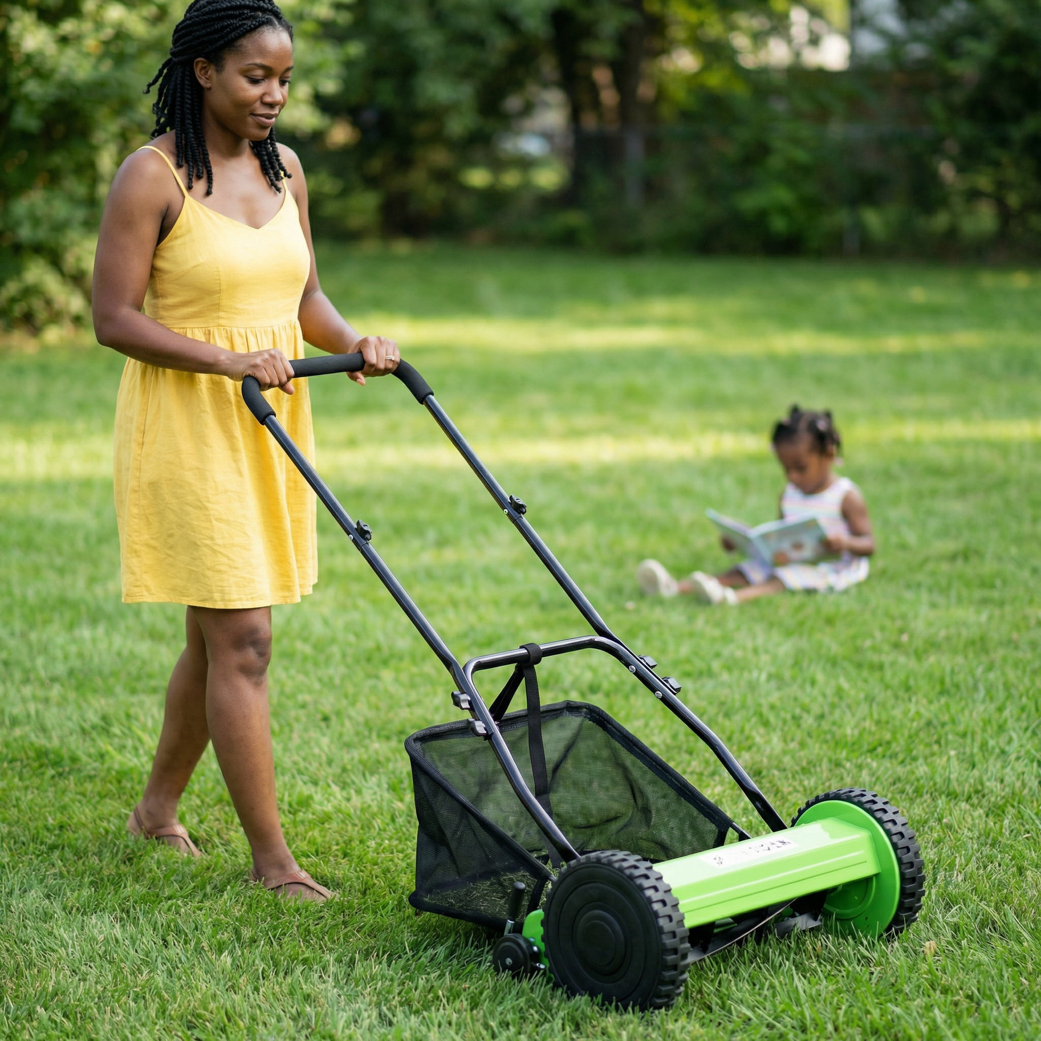 5-Blade Manual Push Reel Lawn Mower, 8-Inch Polymer Wheels with 16" Cutting Width and Adjustable 0.6"-1.8" Blade Height, Eco-Friendly Reel Mower & Grass Cutter with Grass Catcher for Yard, Garden