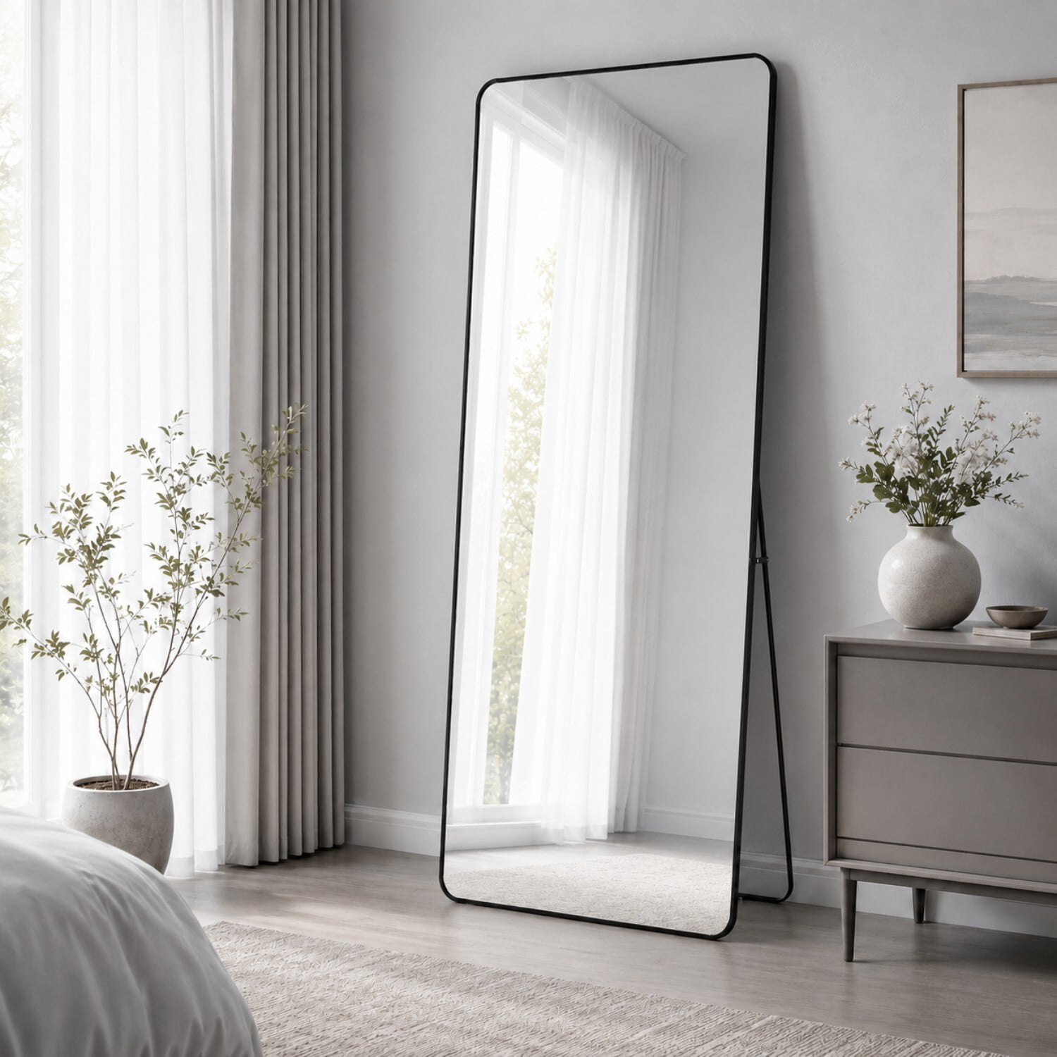 Easy4Home 71"x30" Rectangular Full Length Mirror Round Corner Freestanding Wall Mirror with Metal Frame, Black