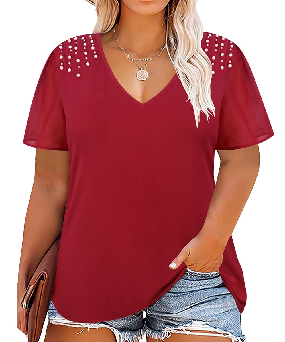TIYOMI Plus Size Chiffon Tops For Women Wine Red V Neck Pearls Pullover ...