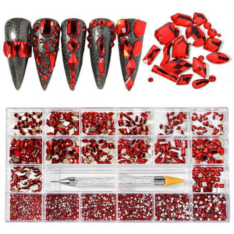 Professional Nail Crystal Kit, Multi Shapes Glass Crystal AB Rhinestones  for Nail Art Craft Mix Sizes Non Hotfix Flatback Nail Gems, Wax Pen for  Rhinestones with Storage Container, Red, Style of 05 