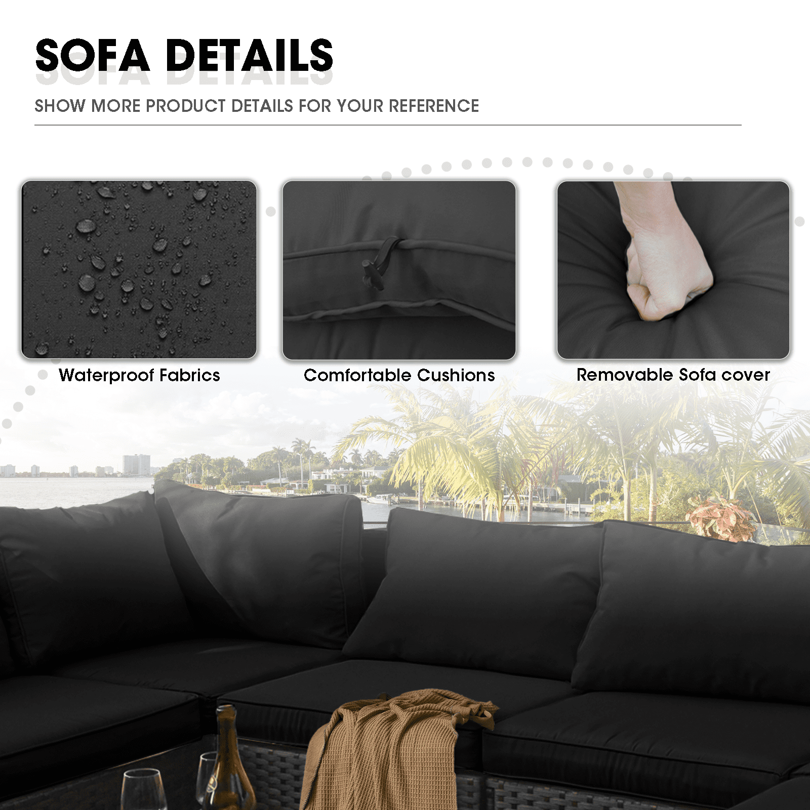 Grezone Outdoor Garden 8 Piece Patio Furniture with 43" 55000BTU Gas Propane Fire Pit Table Rattan Wicker Sectional Set, Black