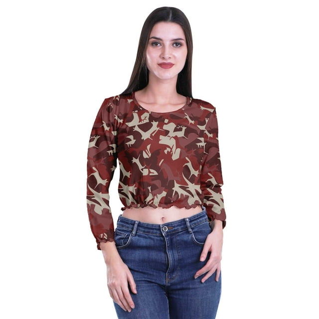 Moomaya Crop Tops à Col Rond pour Femmes Blouses en Jersey de Coton Imprimées T-Shirt