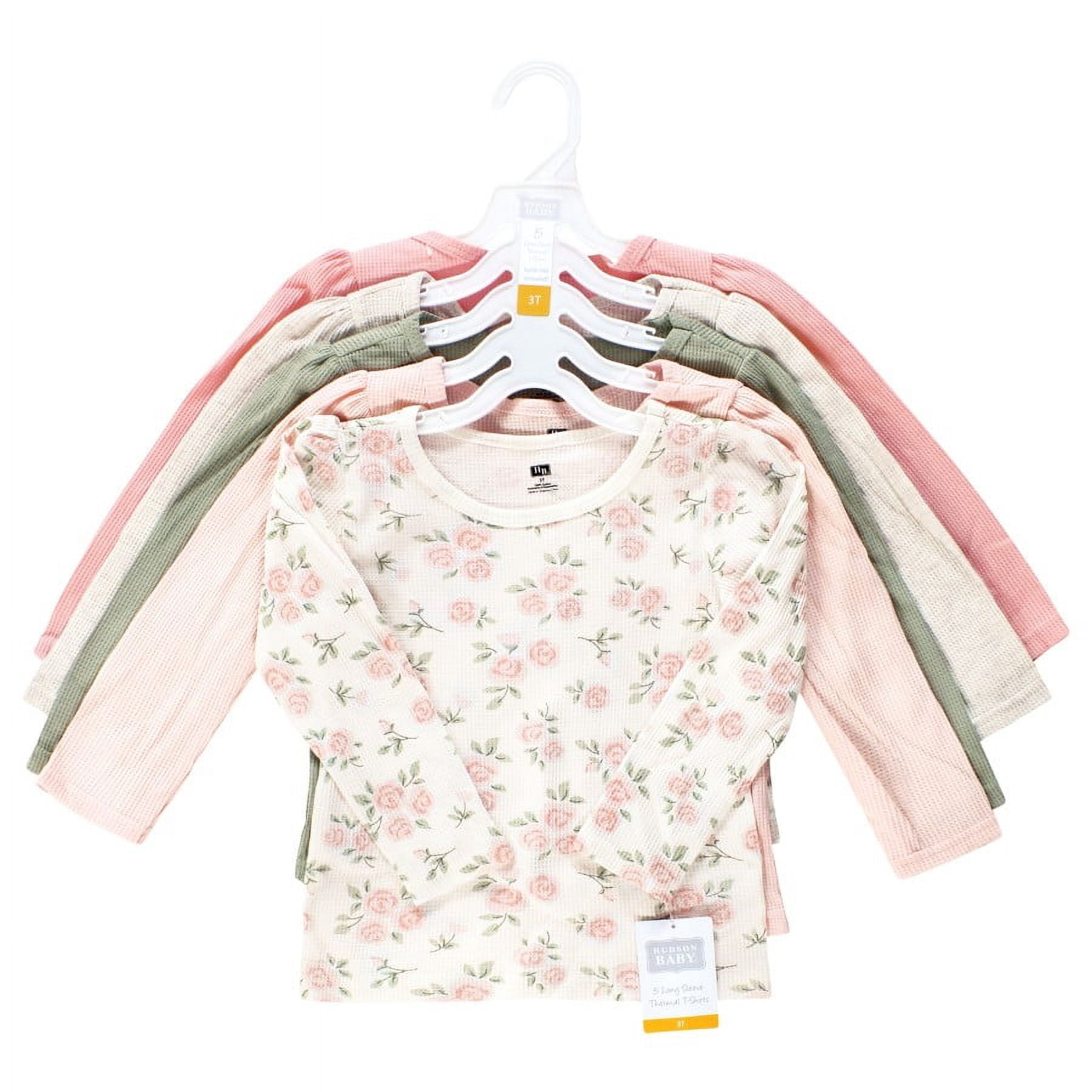 Hudson Baby Infant Girl Thermal Long Sleeve Tees 5pk, Soft Pink Sage Rose, 6-12 Months