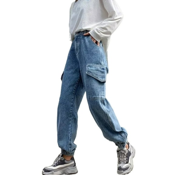 SDFGTstore Women Cargo Jogger Jeans Elastic High Waist Loose Denims Cargo Pant Flap Pocekts Casual Straight Leg Solid Trousers