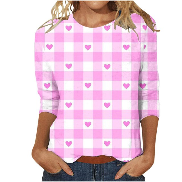 MSJUHEG Chemise de la Saint-Valentin Chemises de la Saint-Valentin Hauts du Nouvel An pour Femmes Chemises Imprimées Cœur pour Femmes Manches 3/4 Col Rond T-Shirts Graphiques Hauts de Vacances Rouge Pastèque TTG