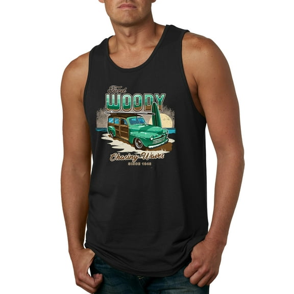 Wild Bobby, 1946 Vintage Ford Woody Chasing Waves Cars and Trucks Mens Graphic Tank Top, Black, Small