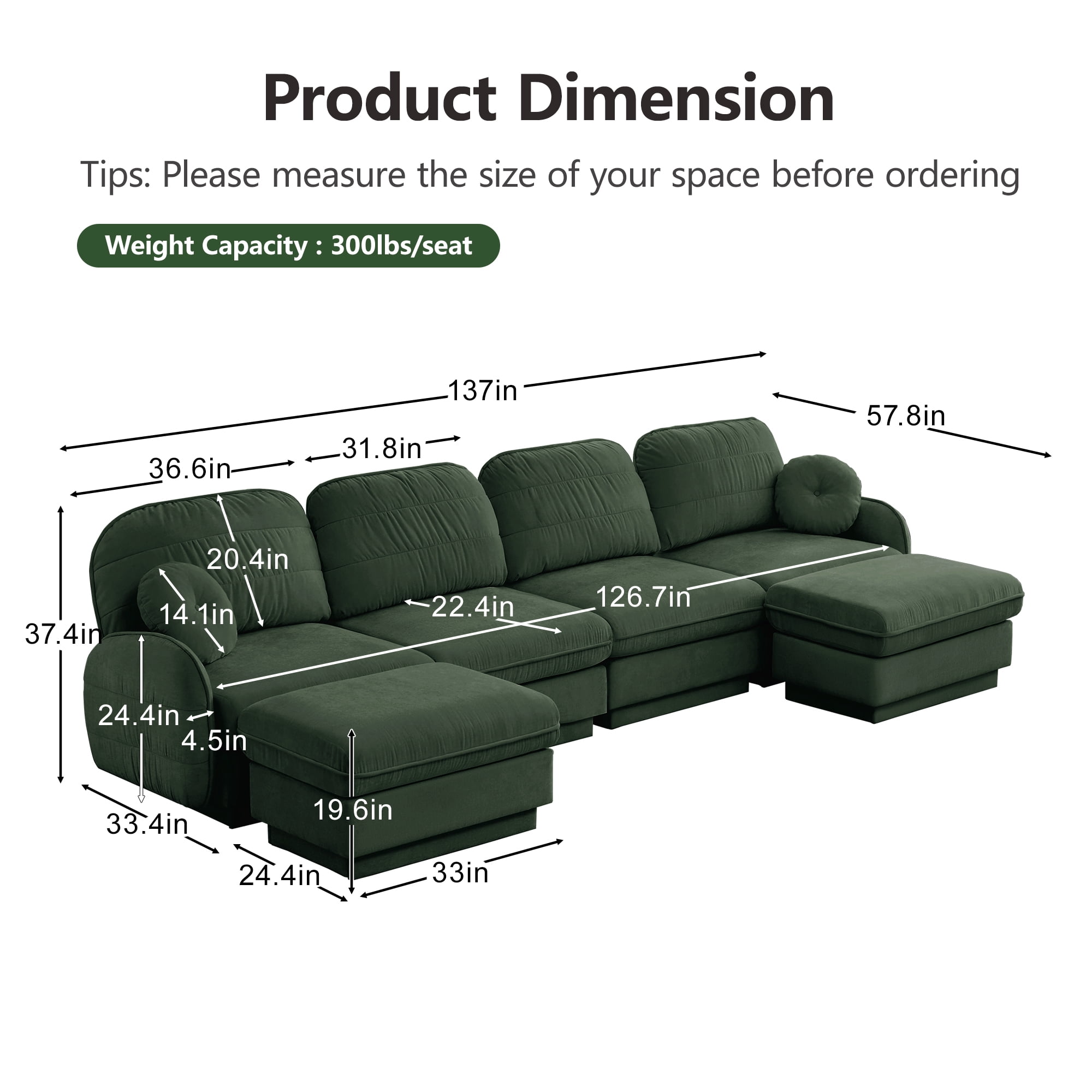 Mintazer 137" Chenille Cloud 4-Seater Modular Sectional Sofa with 2 Movable Ottoman & Round Pillows, U-Shaped Ergonomic Sofa Couch for Living Room, Apartment, Green