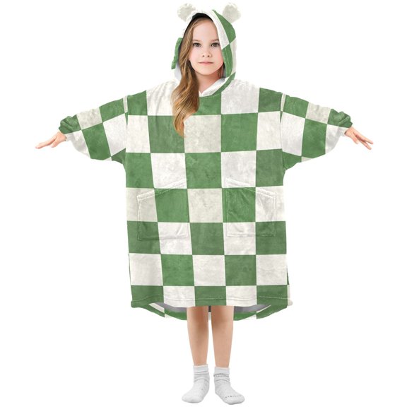 Green-white Plaid Flannel Wearable Blankets Hooded Design Long Sleeves Wrap Unisex for 3T-14Y S