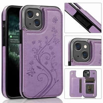 Dteck for iPhone 13 Wallet Case with Card Holder, Butterfly Flower Embossed Faux Leather Kickstand Card Slots Case, Handmade Shockproof Protective Slim Soft Flip Phone Case 2021 6.1", Purple