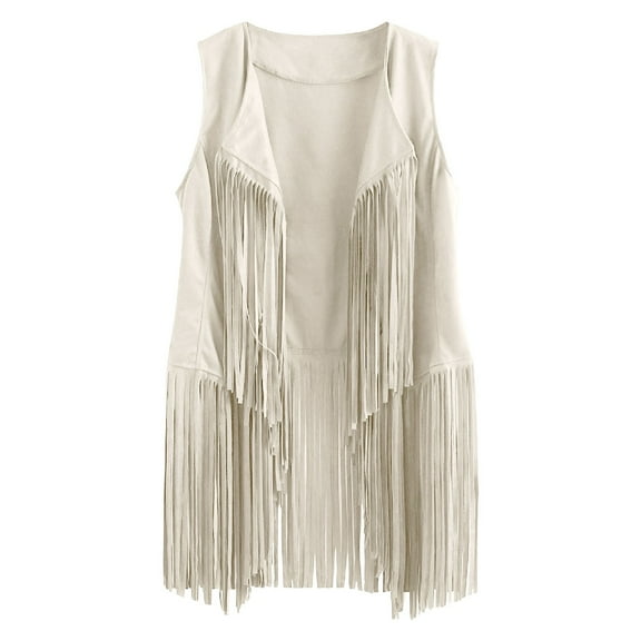 Yigetop Fringe Top, Women Casual Tassel Vest Sleeveless Open Front Cardigan Tank Jacket Outerwear 1970S Outfits for Women Beige L