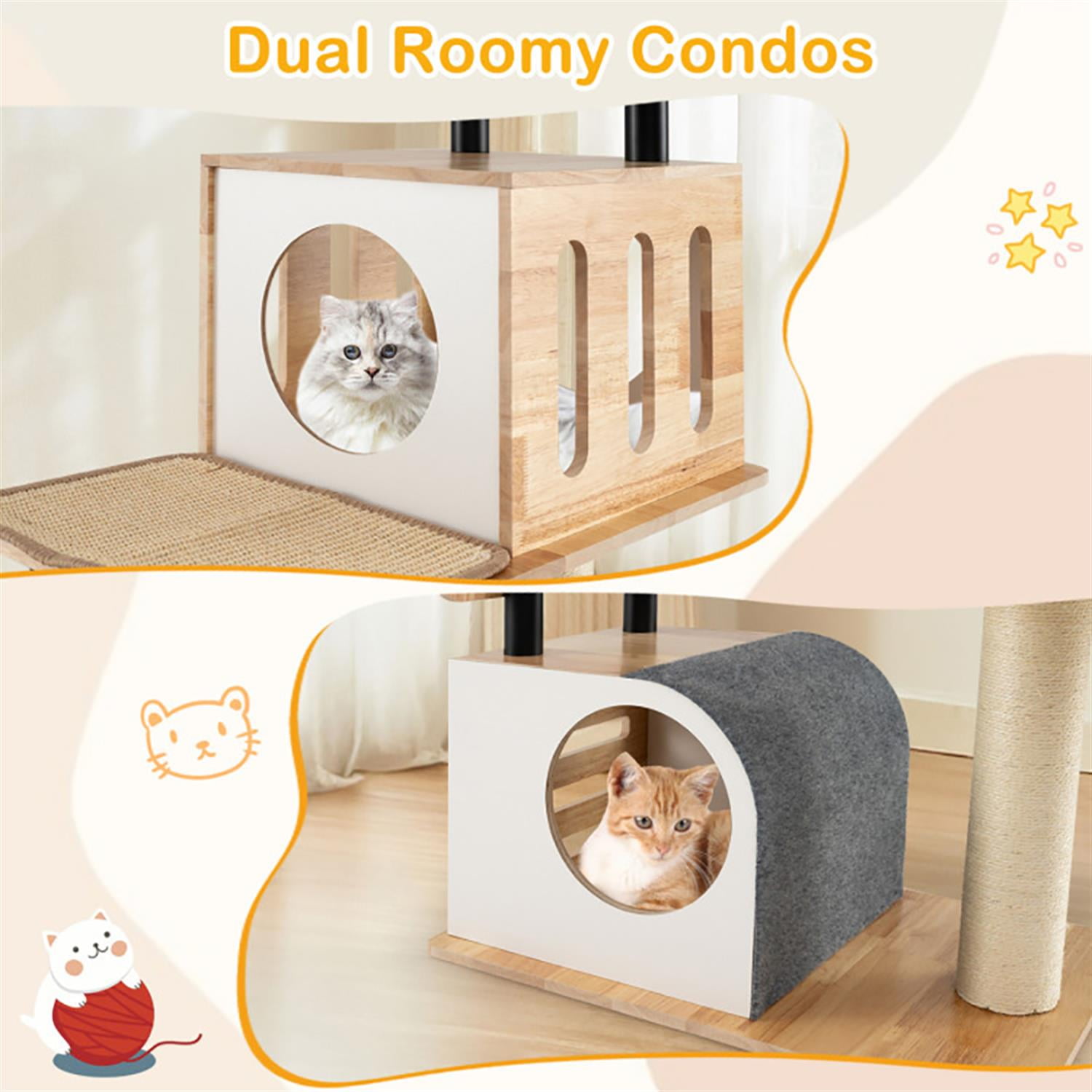 Kadyn 56" Modern Cat Tree with Toy, Cat Tower Condo for Indoor Cats with 2 Condos, Sisal Scratching Posts and Carpets, Beige