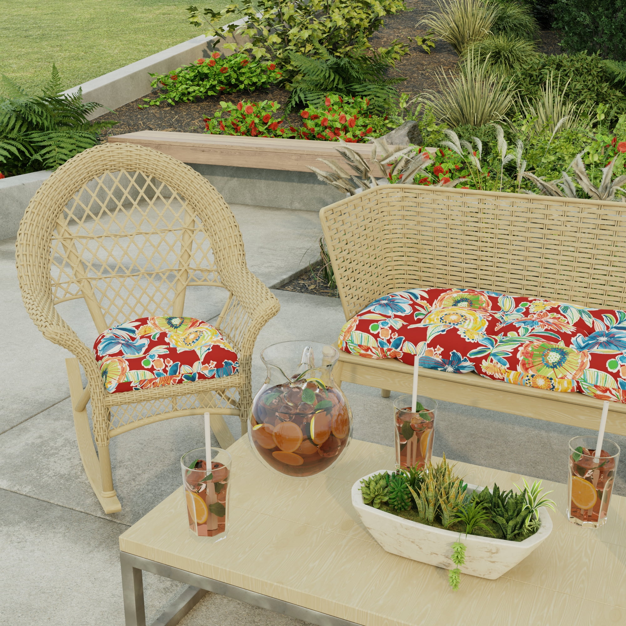 Jordan Manufacturing 18" x 18" Colsen Berry Red Floral Square Tufted Contoured Outdoor Wicker Seat Cushion (2 Pack)