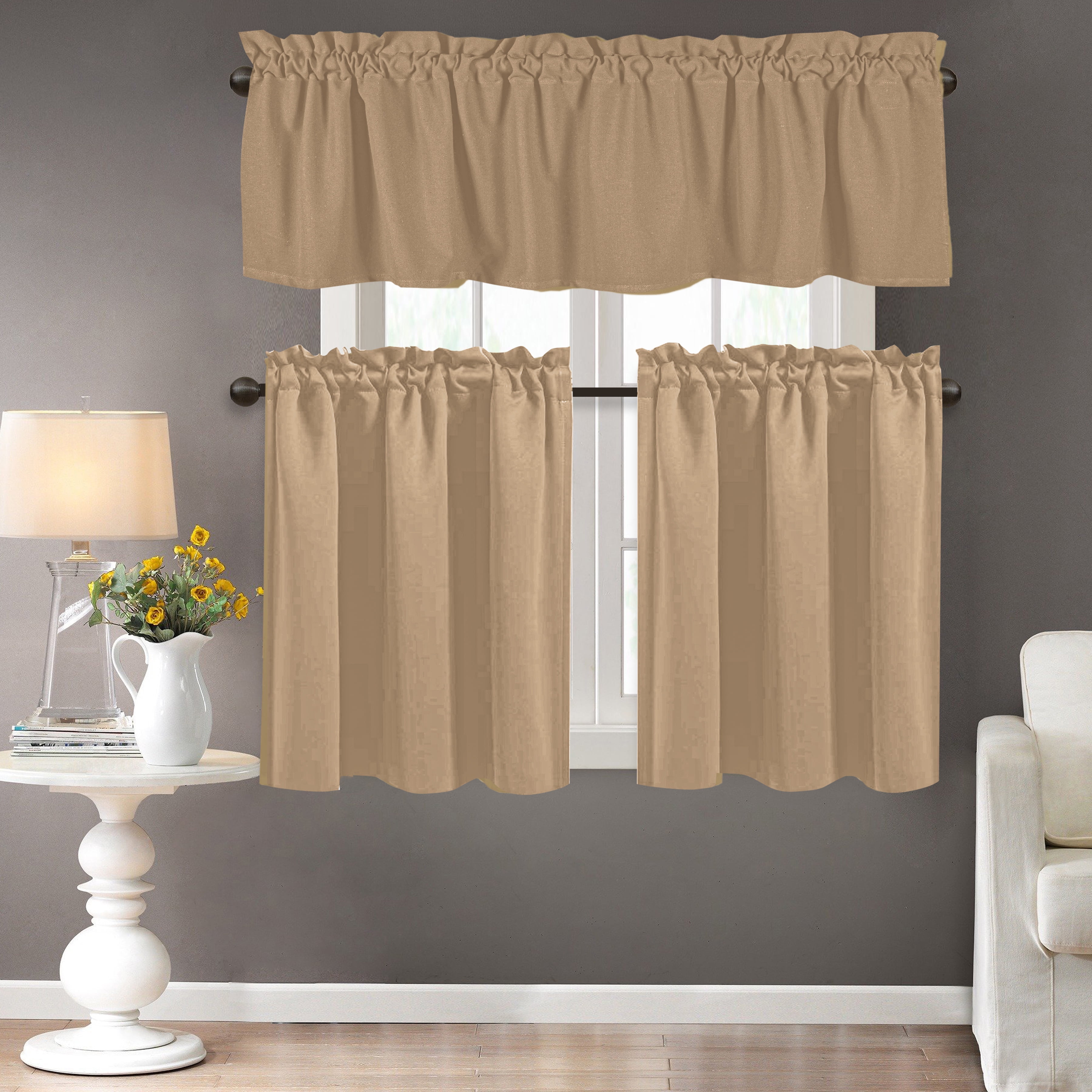 Native Fab Kitchen Window Curtain Tiers Valance Set 100% Cotton - Rod Pocket Style 3 Piece - Beige