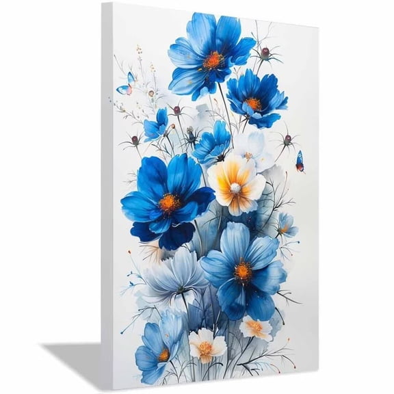 Mudket Framed,Colorful Canvas Wall Art,Ready to Hang,Blue White Butterfly Floral Canvas Print,Botanical Wall Decor,Abstract Flower Poster,for Bedroom Living Room Office Decor - 12"L x 8"W