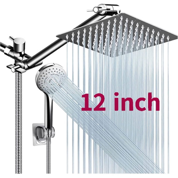 Zovajonia Chrome Rain Shower Head Combo Includes 12-inch Square High-Pressure Rain Shower Head Three-Setting Handheld Spray and Adjustable Arm