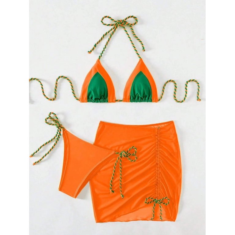3 Piece Swimsuit for Women Sexy Halter Triangle Bikini Set with Drawstring  Beach Coverup Skirt Matching Bathing Suit