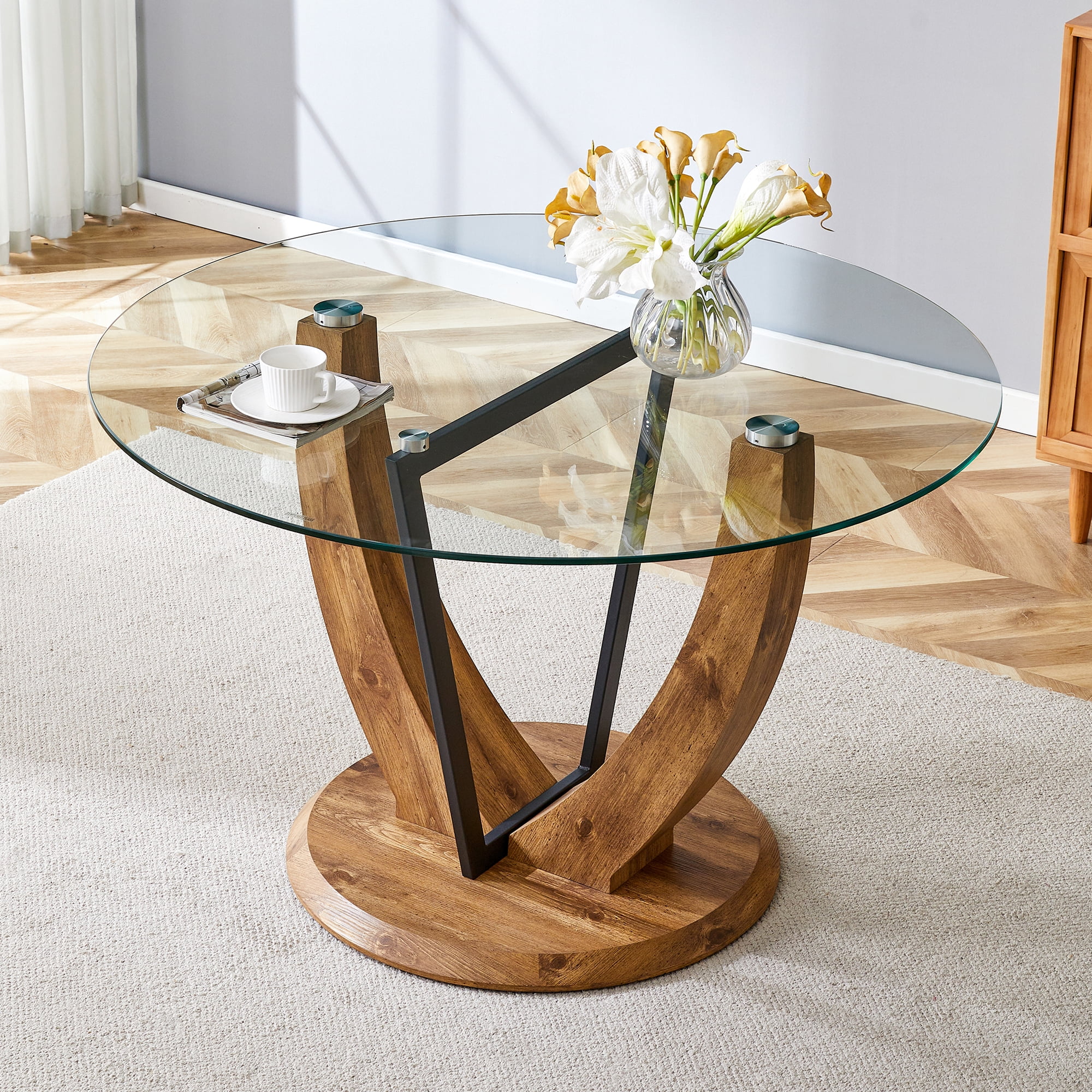 Table de salle à manger ronde Noble House 122 cm, plateau en verre trempé 1 cm d'épaisseur, transparent et bois