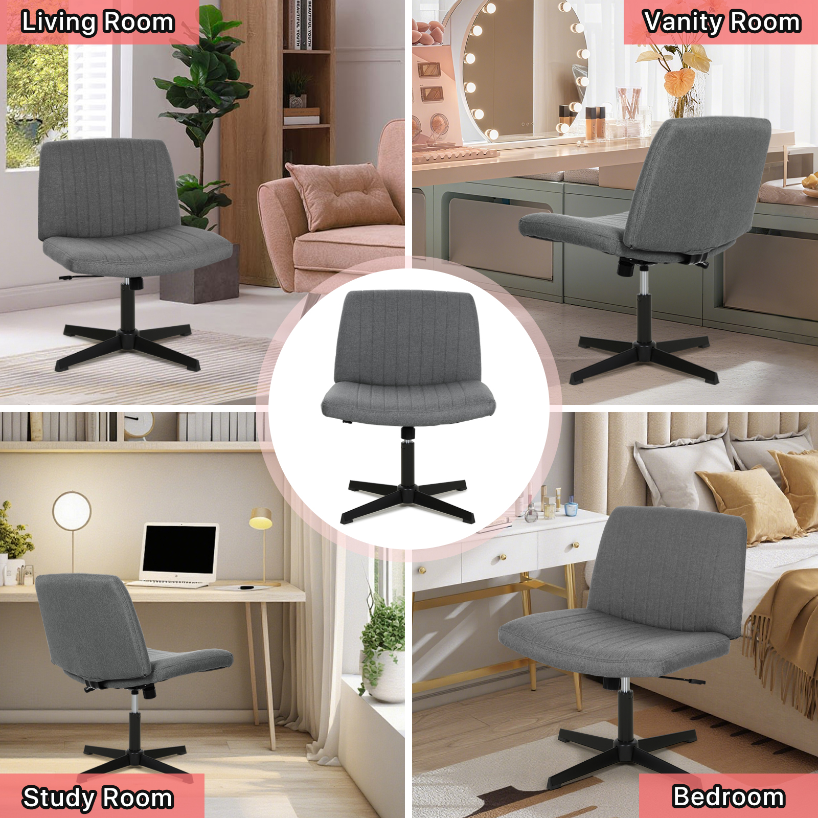 Criss Cross Chair, Armless  Vanity Chair Cross Legged Office Chair,  Adjustable Wide Swivel Desk Chair for Home Office No Wheels, Grey