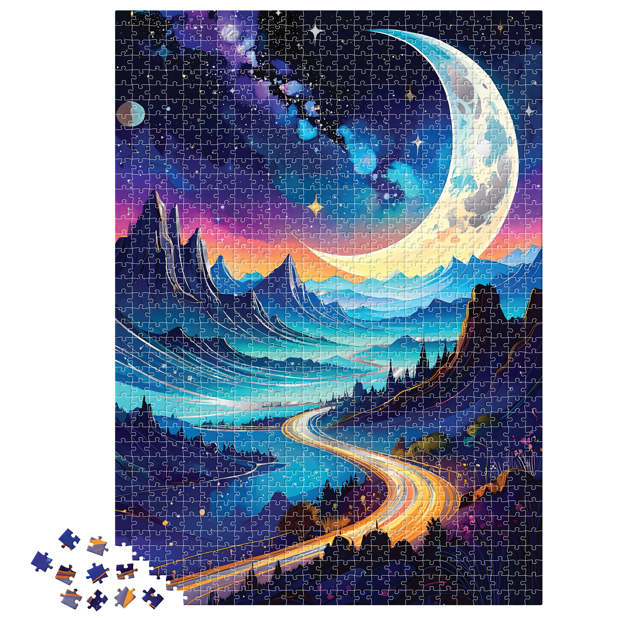 Brea Reese: 1000 Piece Puzzle - Cosmic Highway - Surreal Night Landscape Scene, Adult Jigsaw, Metallic Foil, Image Reference Poster, 19.25 x 26.75"