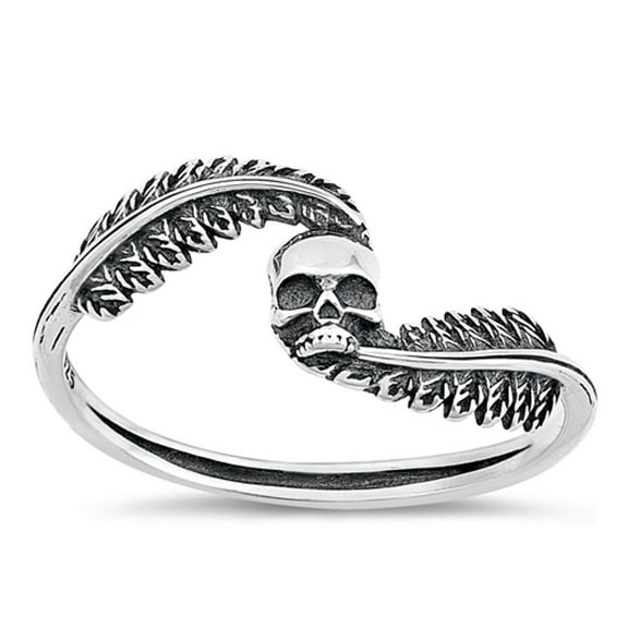 Unique Skull & Feather Ring .925 Oxidized Sterling Silver Band Jewelry Female Male Unisex Size 4