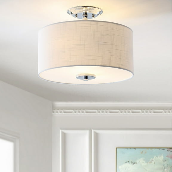 JONATHAN Y Marc 15" Metal/Linen LED Semi-Flush Mount, Chrome/White