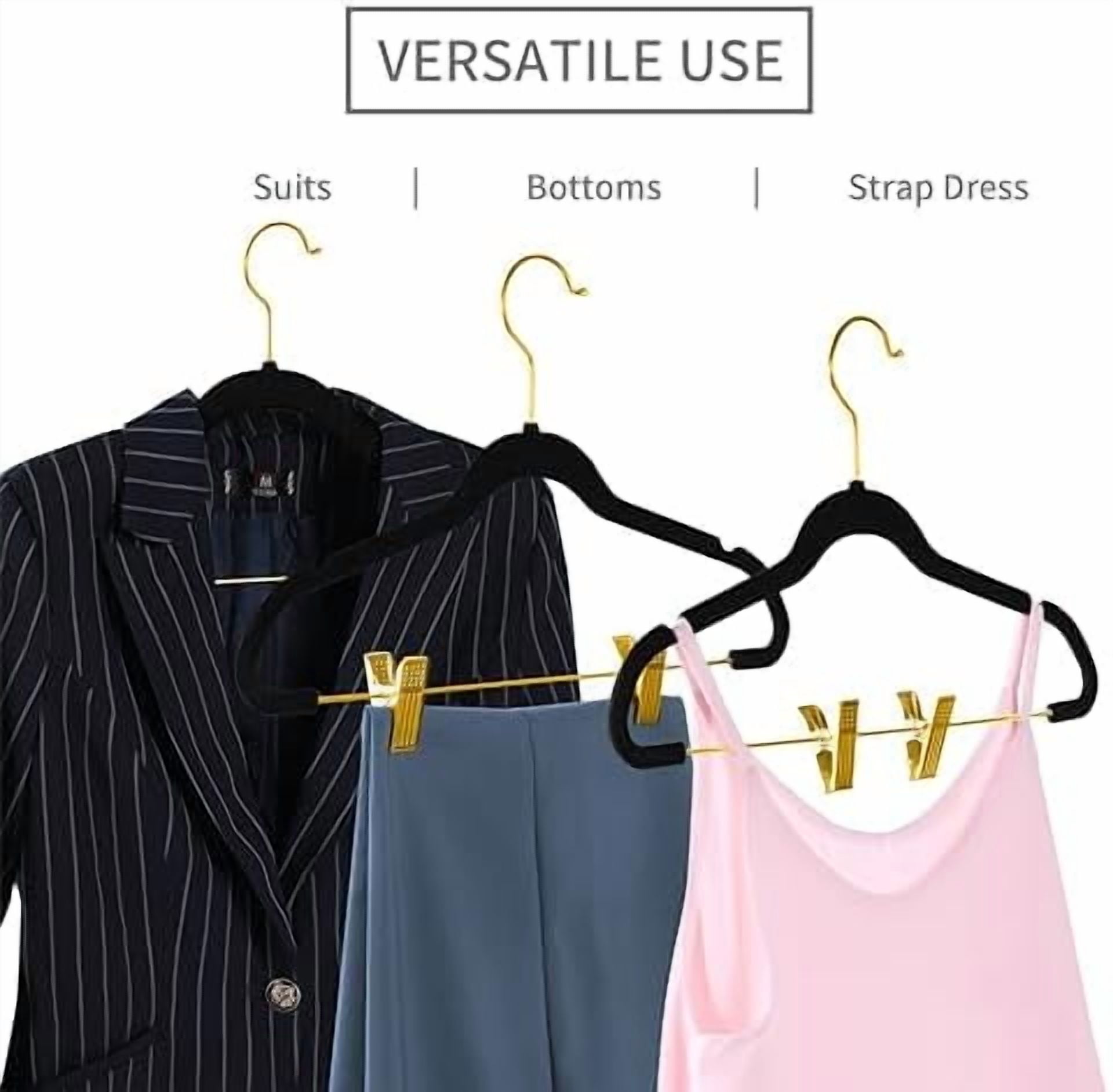 Premium Velvet Pants Hangers with Adjustable Clips (Pack of 20) Slim Skirt Hangers- Non Slip Felt Outfit Dress Hangers Black - Gold Hooks,Space Saving Shirt Clothes Hangers