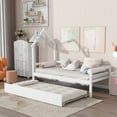 thumbnail image 2 of White Twin Platform Bed with House-Shaped Headboard and Trundle, Wooden Daybed Frame with Rails, Guardrails, and Steel Slat Support, No Box Spring Needed, 2 of 5