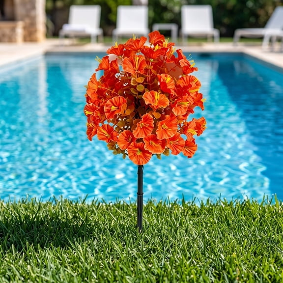 Artificial Flowers Outdoor Faux Fall Mums With Ground Stake, Uv Resistant Fake Botanicals For Porch Patio Yard Garden Decor, Orange