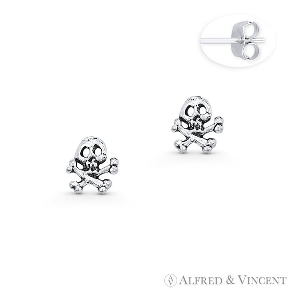 Skull & Crossbone Gothic Charm Stud Earrings in Oxidized .925 Sterling Silver